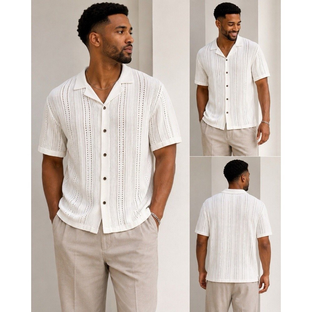 Kollar Clothing Textural Knit Button Down Shirt Men’s Large Off White 100% Cott